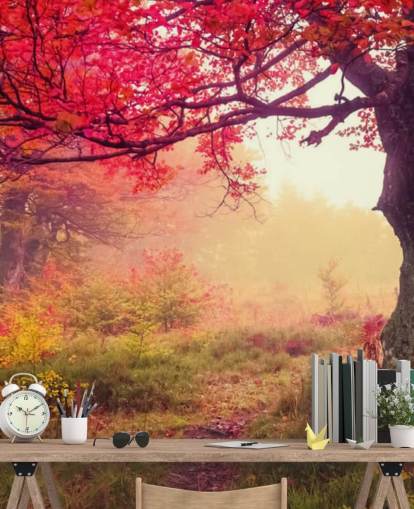 mural de papel de parede de árvore personalizável vermelho e verde chamado Autumn Forest Meadow para quartos e salões