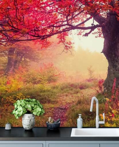 red and green customizable tree wallpaper mural called Autumn Forest Meadow for bedrooms and lounges