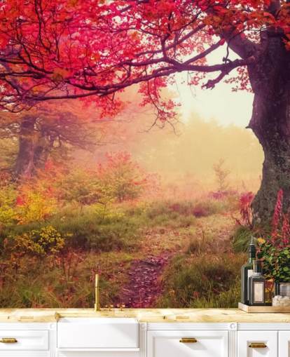 red and green customizable tree wallpaper mural called Autumn Forest Meadow for bedrooms and lounges red and green customizable tree wallpaper mural called Autumn Forest Meadow for bedrooms and lounges