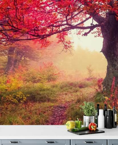 mural de papel pintado de árbol personalizable rojo y verde llamado Autumn Forest Meadow para dormitorios y salones mural de papel pintado de árbol personalizable rojo y verde llamado Autumn Forest Meadow para dormitorios y salones
