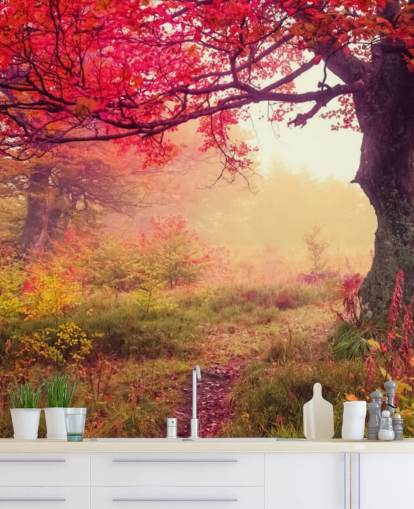 red and green customisable tree wallpaper mural called Autumn Forest Meadow for bedrooms and lounges