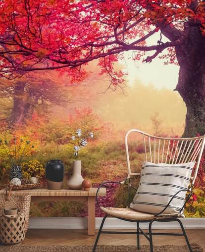 rode en groene aanpasbare boombehangmuurschildering genaamd Autumn Forest Meadow voor slaapkamers en lounges