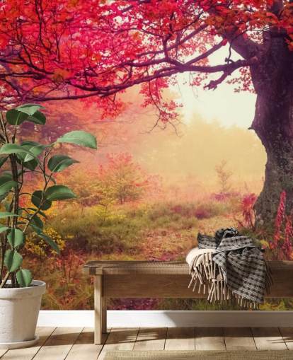 rødt og grønt tilpassbart tretapet veggmaleri kalt Autumn Forest Meadow for soverom og salonger