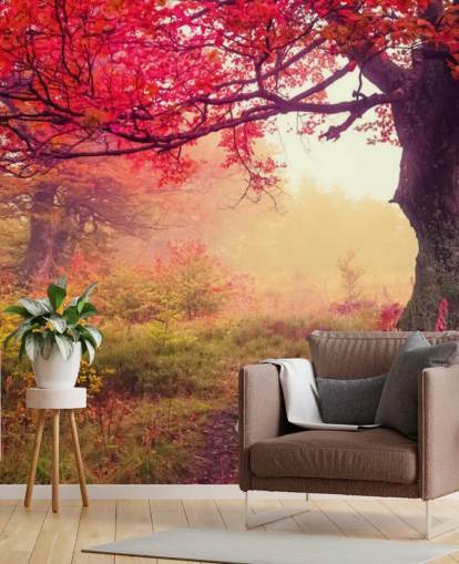 carta da parati murale con albero personalizzabile rosso e verde chiamata Autumn Forest Meadow per camere da letto e salotti