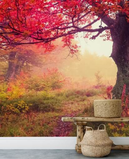 rødt og grønt tilpasseligt træ tapetmaleri kaldet Autumn Forest Meadow til soveværelser og lounger rødt og grønt tilpasseligt træ tapetmaleri kaldet Autumn Forest Meadow til soveværelser og lounger