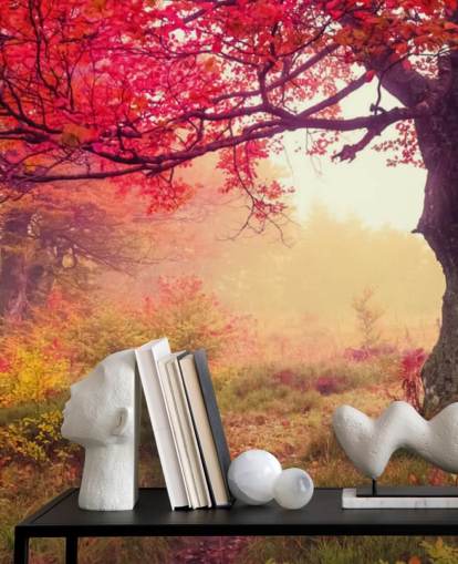 red and green customisable tree wallpaper mural called Autumn Forest Meadow for bedrooms and lounges