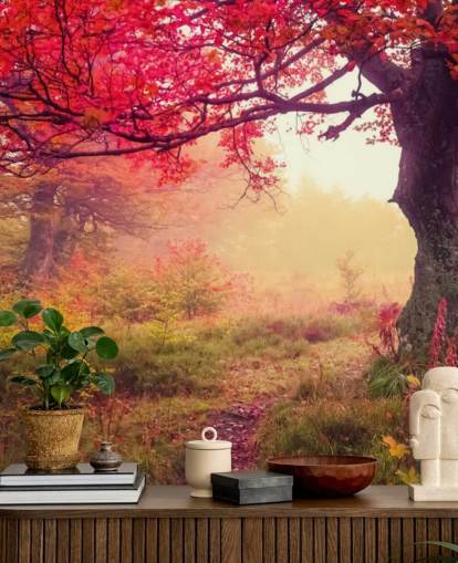 red and green customizable tree wallpaper mural called Autumn Forest Meadow for bedrooms and lounges