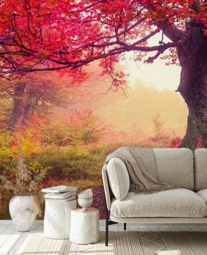 Wandtapete „Herbstliche Waldwiese“, personalisierbar, Rot und Grün, für Schlafzimmer und Lounges