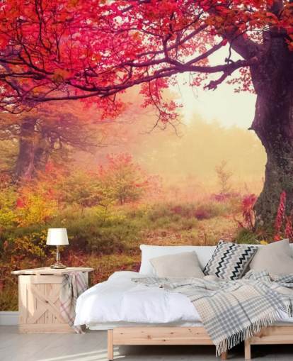 mural de papel pintado de árbol personalizable rojo y verde llamado Autumn Forest Meadow para dormitorios y salones