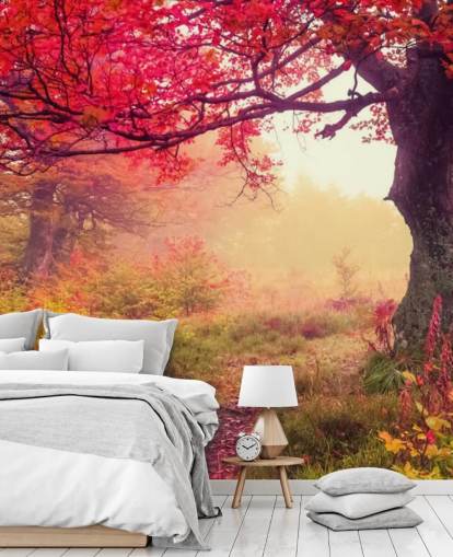 rødt og grønt tilpasseligt træ tapetmaleri kaldet Autumn Forest Meadow til soveværelser og lounger rødt og grønt tilpasseligt træ tapetmaleri kaldet Autumn Forest Meadow til soveværelser og lounger