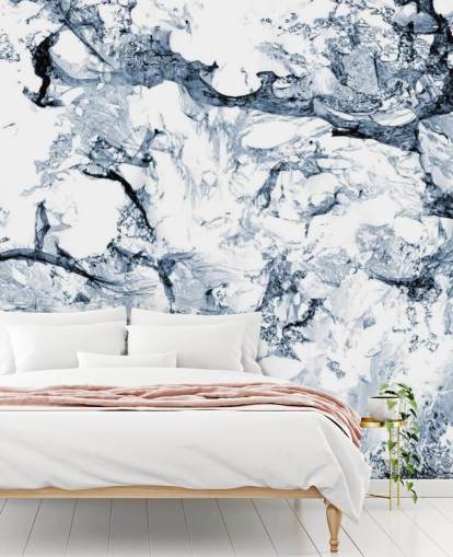 mural de papel pintado con efecto mármol azul y negro llamado Blue Black Marble para baños y cocinas