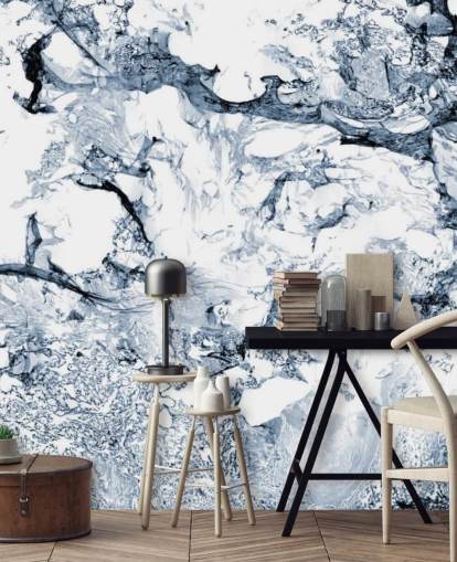 mural de papel pintado con efecto mármol azul y negro llamado Blue Black Marble para baños y cocinas