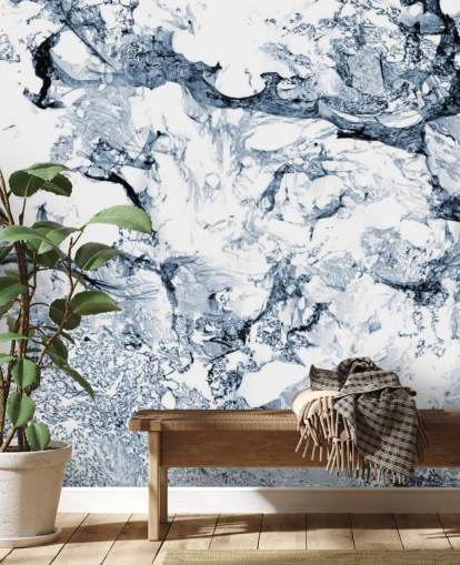 mural de papel pintado con efecto mármol azul y negro llamado Blue Black Marble para baños y cocinas