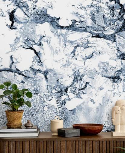 mural de papel pintado con efecto mármol azul y negro llamado Blue Black Marble para baños y cocinas