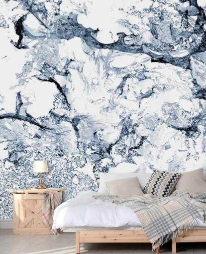 muurschildering met blauw en zwart marmereffect genaamd Blue Black Marble voor badkamers en keukens
