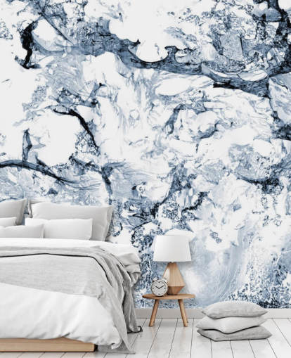 mural de papel pintado con efecto mármol azul y negro llamado Blue Black Marble para baños y cocinas