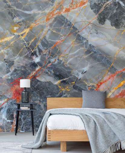 carta da parati murale in marmo grigio chiamata Gold, Red and White per camere da letto e cucine