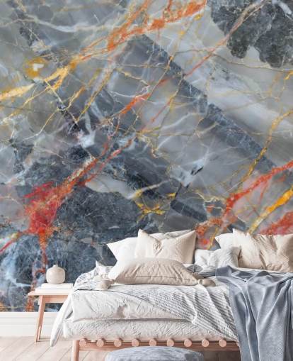 mural de papel pintado de mármol gris llamado dorado, rojo y blanco para dormitorios y cocinas