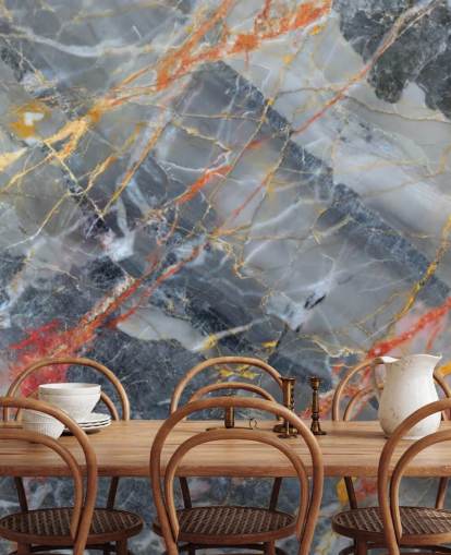 mural de papel pintado de mármol gris llamado dorado, rojo y blanco para dormitorios y cocinas
