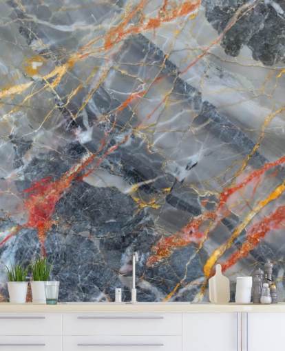 mural de papel de parede de mármore cinza chamado ouro, vermelho e branco para quartos e cozinhas