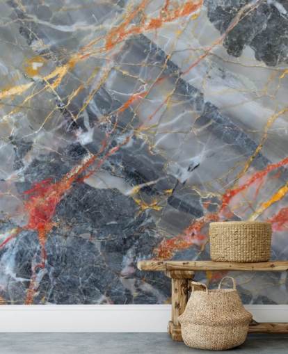 mural de papel pintado de mármol gris llamado dorado, rojo y blanco para dormitorios y cocinas