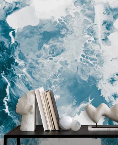 mural de papel pintado de mármol azul y blanco llamado Blues para baños, dormitorios y cocinas