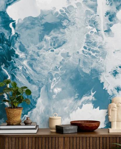 mural de papel pintado de mármol azul y blanco llamado Blues para baños, dormitorios y cocinas