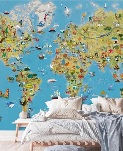 Kinderfreundliches farbenfrohes Wandbild mit Weltkarte