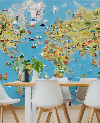 Mural de parede colorido do mapa do mundo para crianças