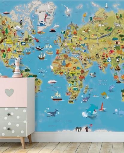 Decorazione murale con mappa del mondo colorata adatta ai bambini