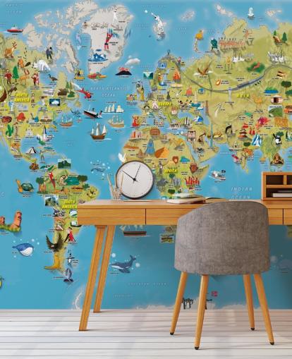 Mural de pared con un colorido mapa del mundo, apto para niños