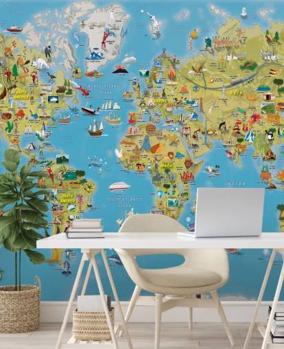 Kinderfreundliches farbenfrohes Wandbild mit Weltkarte