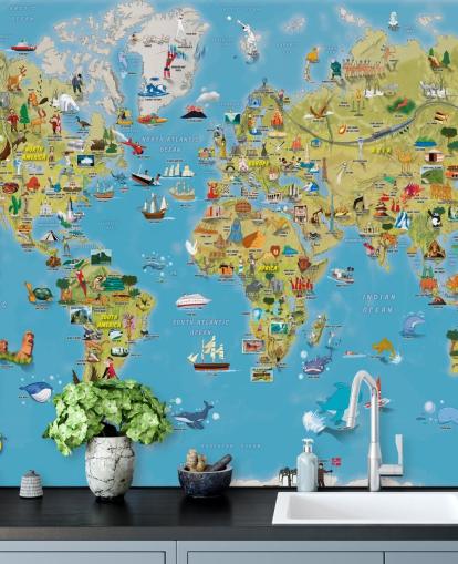 Kinderfreundliches farbenfrohes Wandbild mit Weltkarte Kinderfreundliches farbenfrohes Wandbild mit Weltkarte