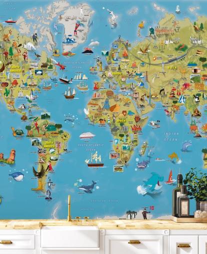 Child Friendly Colorful World Map Wall Mural