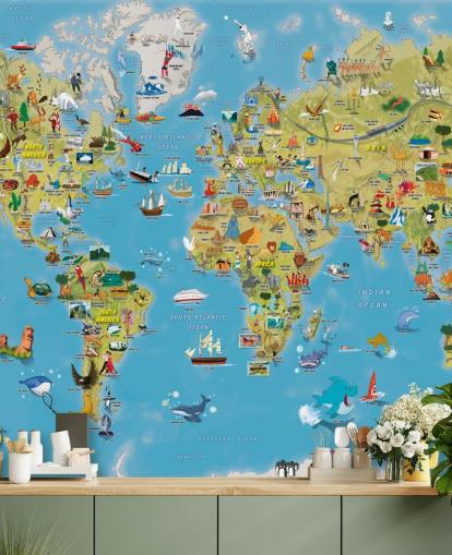 Mural de pared con un colorido mapa del mundo, apto para niños
