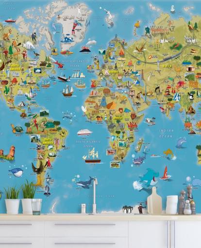 Mural de parede colorido do mapa do mundo para crianças Mural de parede colorido do mapa do mundo para crianças