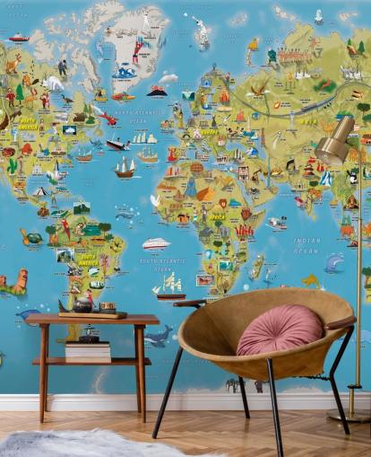 Child Friendly Colorful World Map Wall Mural