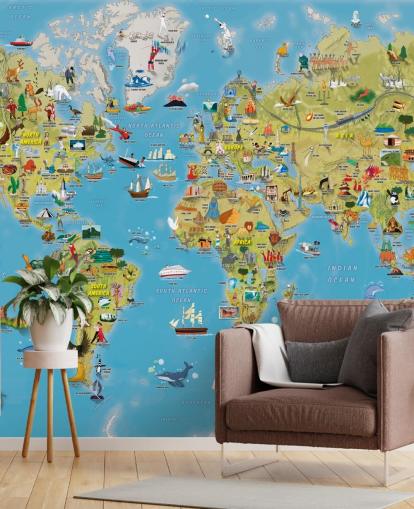 Child Friendly Colorful World Map Wall Mural