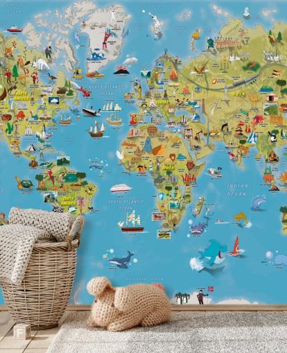 Kinderfreundliches farbenfrohes Wandbild mit Weltkarte Kinderfreundliches farbenfrohes Wandbild mit Weltkarte