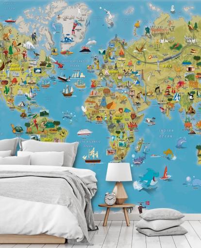 Kinderfreundliches farbenfrohes Wandbild mit Weltkarte