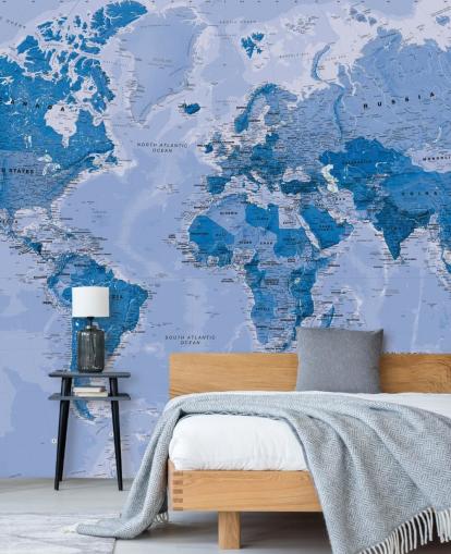 blauwe aanpasbare wereldkaart behangmuurschildering genaamd World Map Blue voor slaapkamers en woonkamers blauwe aanpasbare wereldkaart behangmuurschildering genaamd World Map Blue voor slaapkamers en woonkamers
