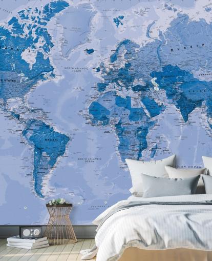 mural azul personalizable de papel pintado de mapa mundial llamado World Map Blue para dormitorios y salas de estar