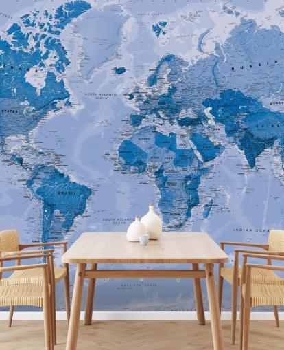 blue customizable world map wallpaper mural called World Map Blue for bedrooms and living rooms