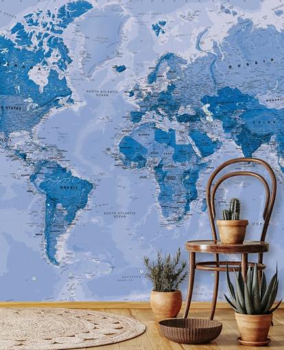 mural azul personalizable de papel pintado de mapa mundial llamado World Map Blue para dormitorios y salas de estar