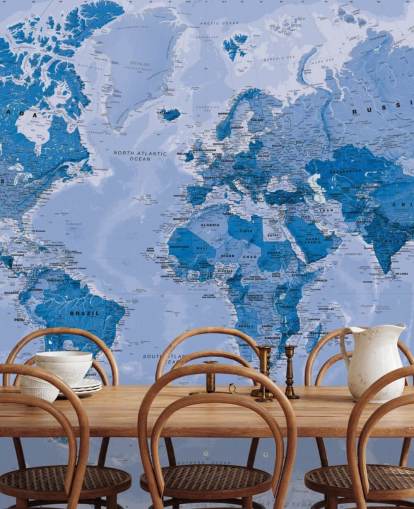 blauwe aanpasbare wereldkaart behangmuurschildering genaamd World Map Blue voor slaapkamers en woonkamers