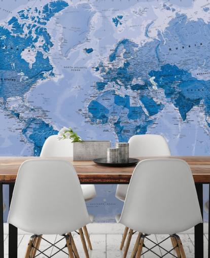 mural de papel de parede azul personalizável do mapa-múndi chamado World Map Blue para quartos e salas de estar