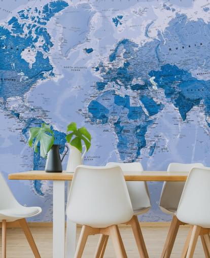 blue customizable world map wallpaper mural called World Map Blue for bedrooms and living rooms
