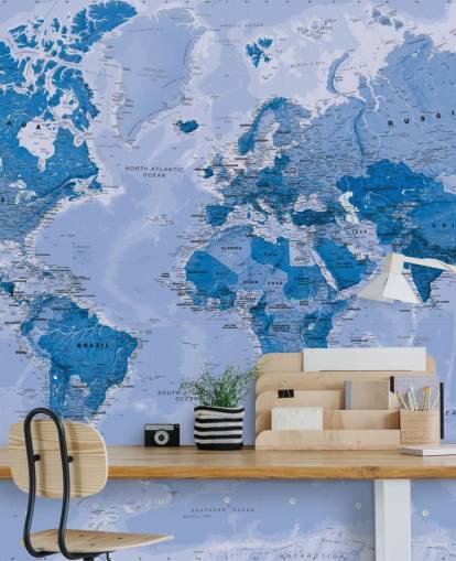 mural azul personalizable de papel pintado de mapa mundial llamado World Map Blue para dormitorios y salas de estar mural azul personalizable de papel pintado de mapa mundial llamado World Map Blue para dormitorios y salas de estar
