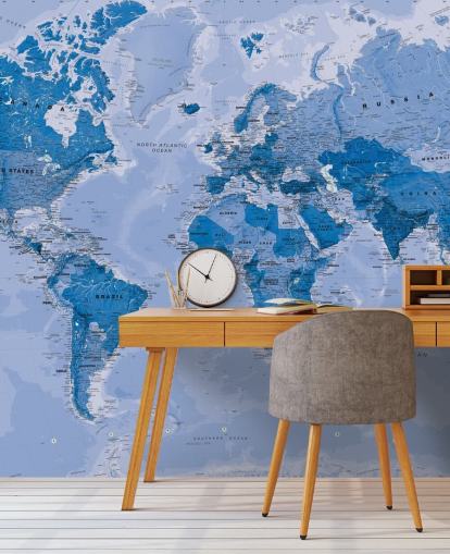 papier peint mural de carte du monde personnalisable bleu appelé World Map Blue pour les chambres et les salons papier peint mural de carte du monde personnalisable bleu appelé World Map Blue pour les chambres et les salons