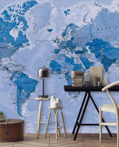 carta da parati murale blu personalizzabile con mappa del mondo chiamata World Map Blue per camere da letto e salotti